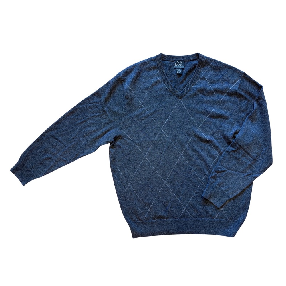 Jos A Bank Executive Collection Mens XL Gray Argyle Lambswool V-Neck Sweater